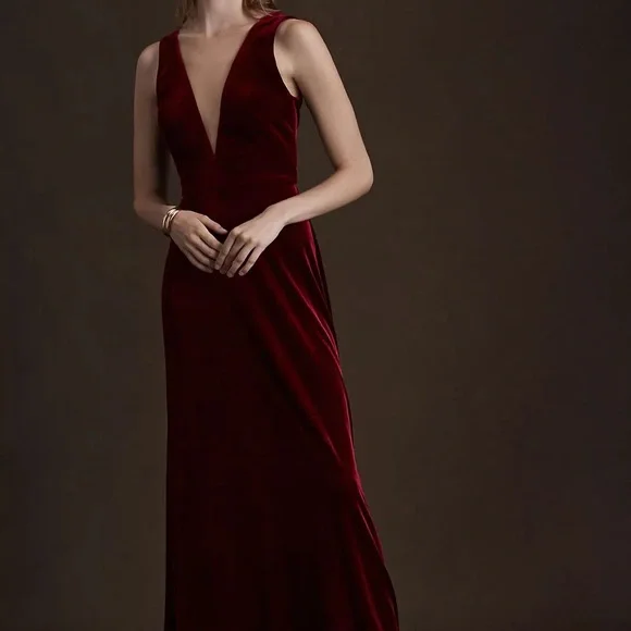 Women's Jenny Yoo Logan Plunging V-Neck Velvet Gown, Size 4 - Red